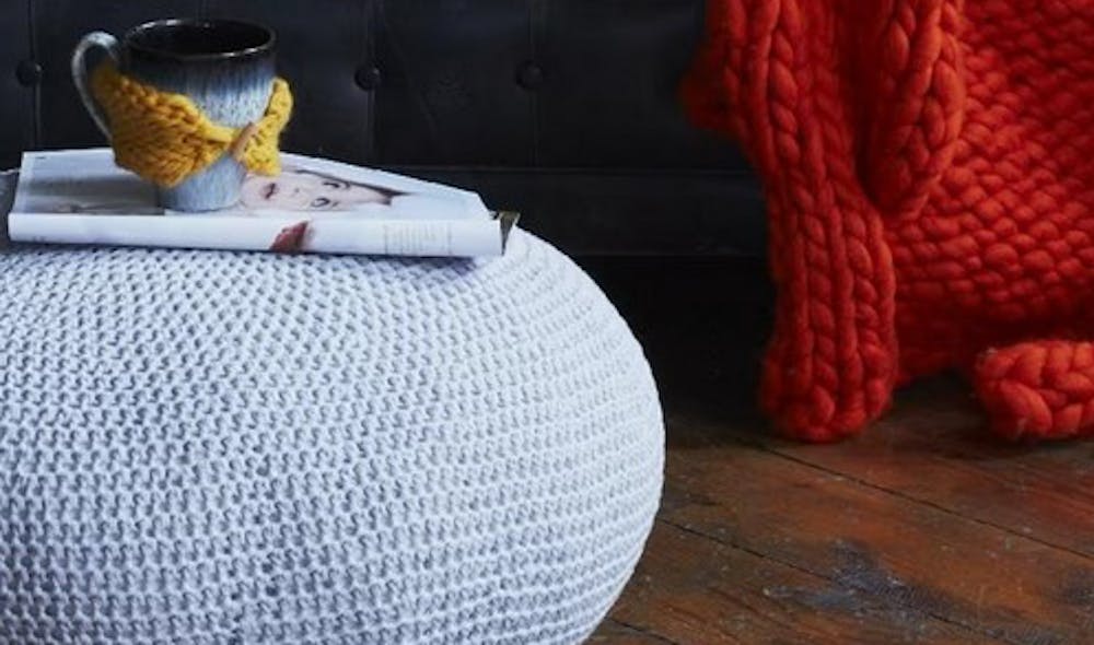 Crochet pouf, mug holder and blanket